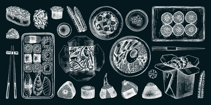 Asian food hand-drawn vector illustrations on chalkboard background. Japanese cuisine menu design elements. NOT AI generated